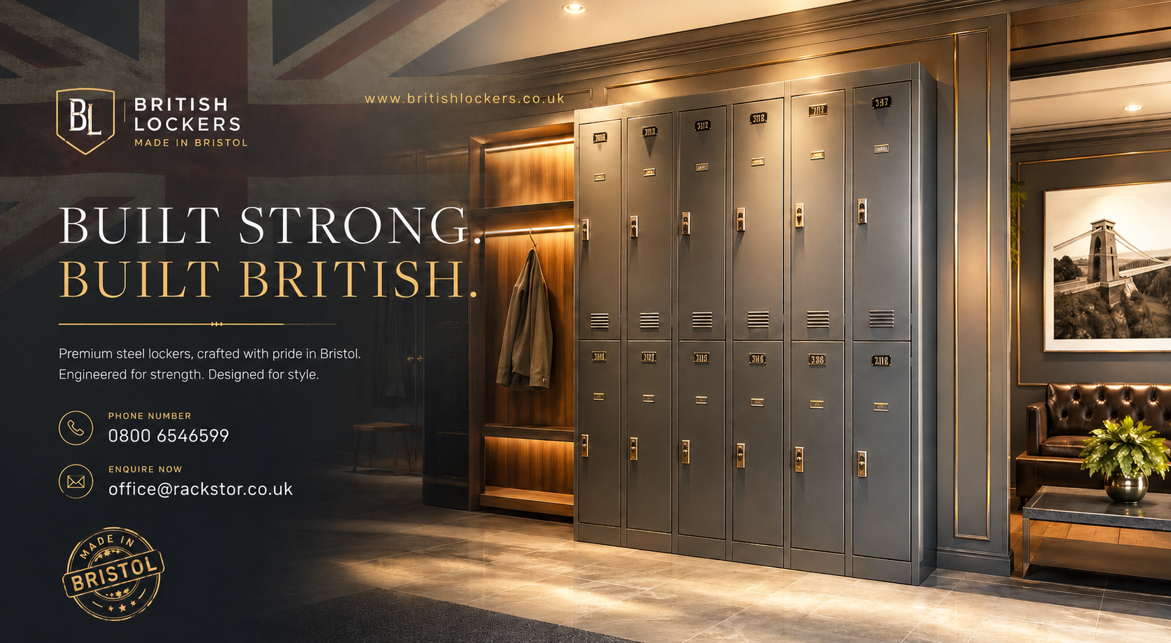 British Lockers — premium British-made steel lockers, bespoke supply and installation across the UK. Phone 0800 6546599, office@rackstor.co.uk